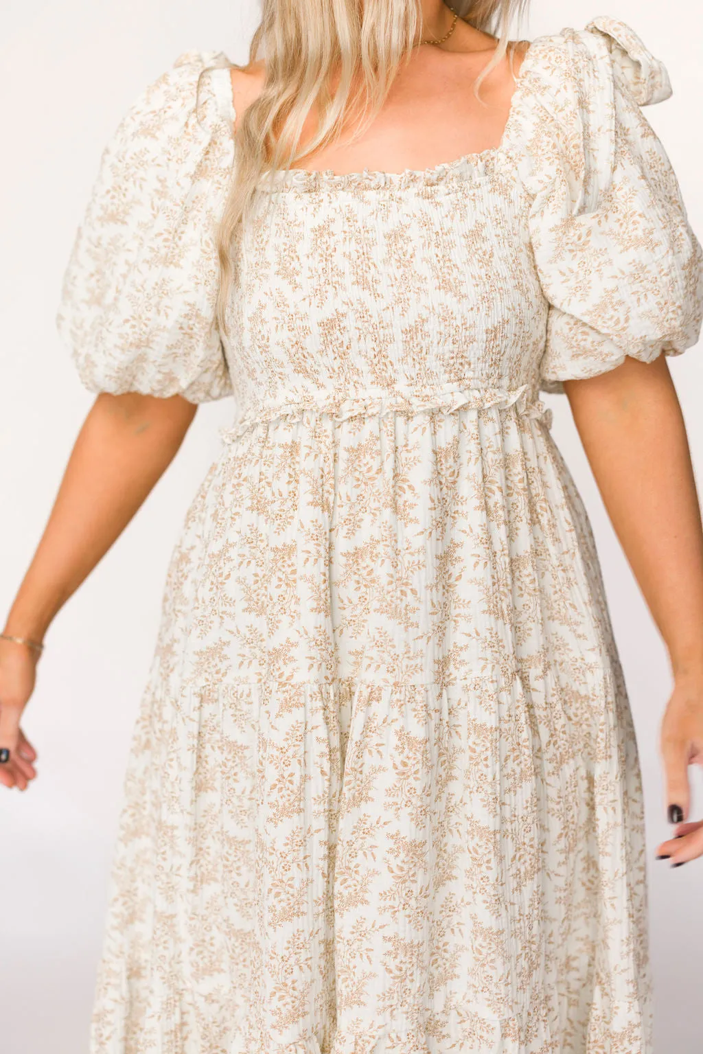 Elena 100% Cotton Toile Print Smocked Midi Dress in Light Brown- Bump Friendly