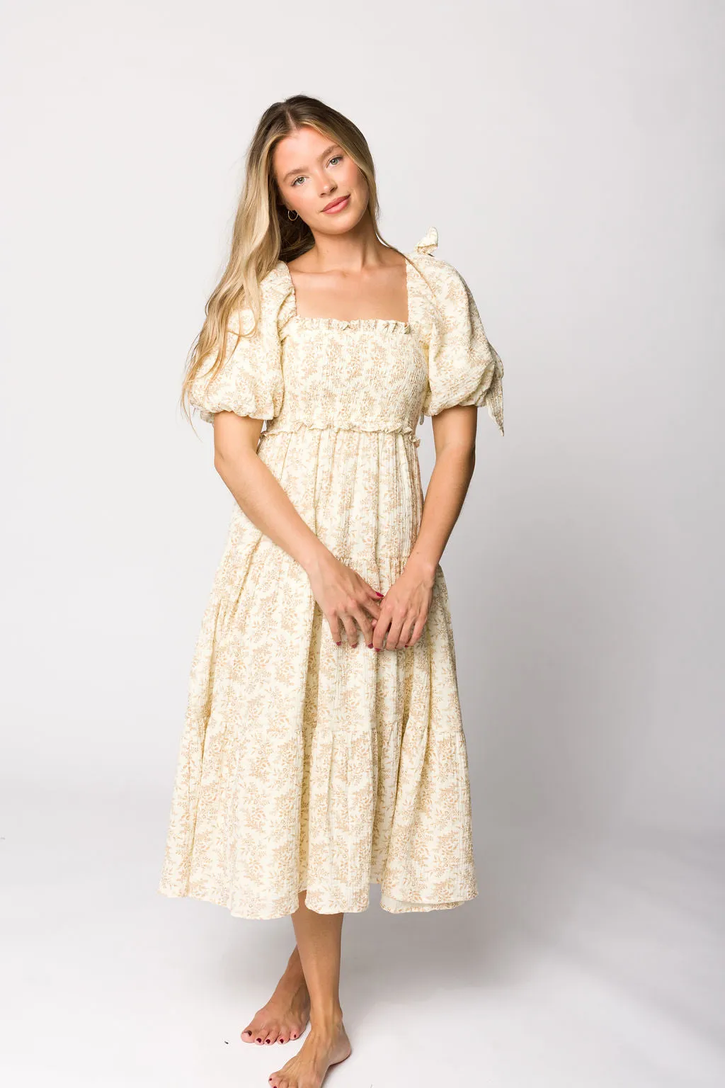 Elena 100% Cotton Toile Print Smocked Midi Dress in Light Brown- Bump Friendly