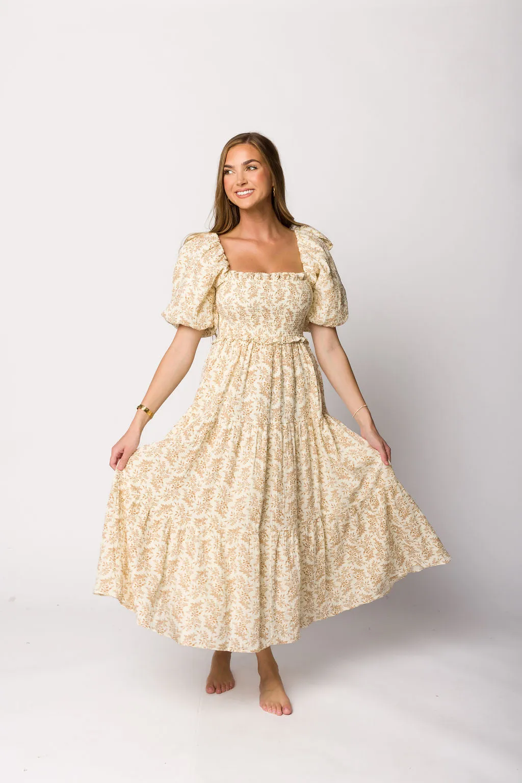 Elena 100% Cotton Toile Print Smocked Midi Dress in Light Brown- Bump Friendly