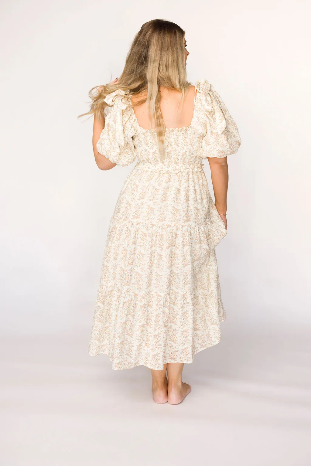 Elena 100% Cotton Toile Print Smocked Midi Dress in Light Brown- Bump Friendly
