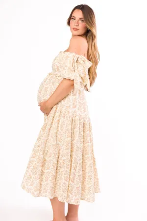Elena 100% Cotton Toile Print Smocked Midi Dress in Light Brown- Bump Friendly