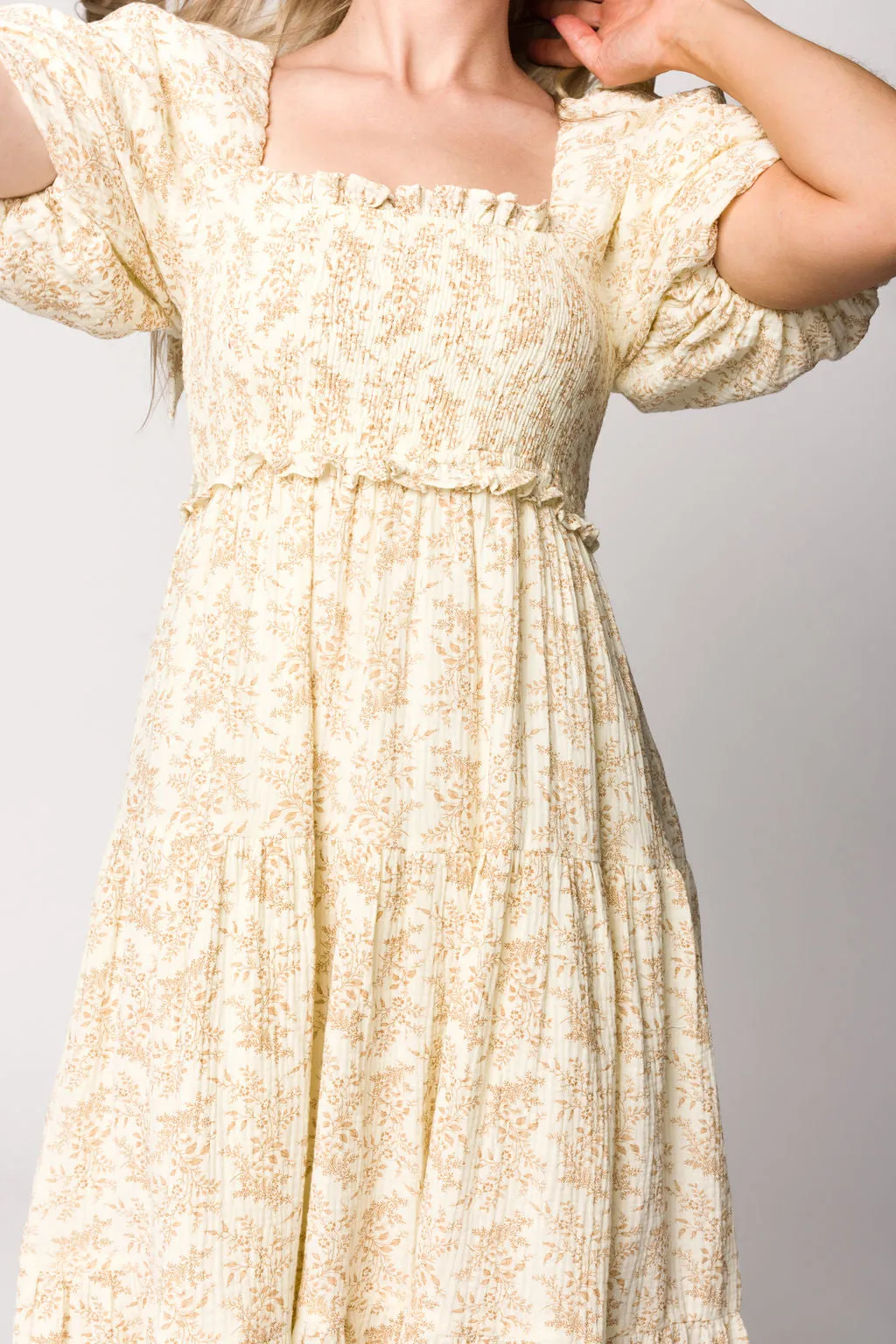 Elena 100% Cotton Toile Print Smocked Midi Dress in Light Brown- Bump Friendly