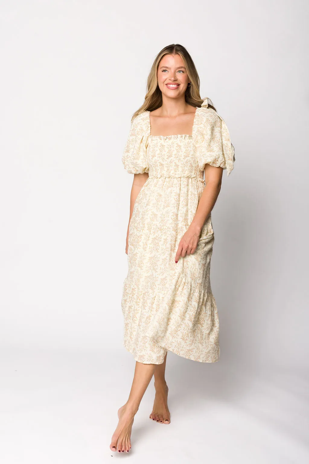 Elena 100% Cotton Toile Print Smocked Midi Dress in Light Brown- Bump Friendly