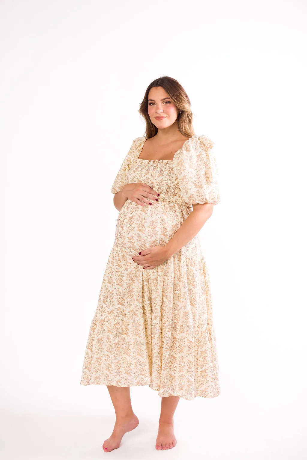 Elena 100% Cotton Toile Print Smocked Midi Dress in Light Brown- Bump Friendly
