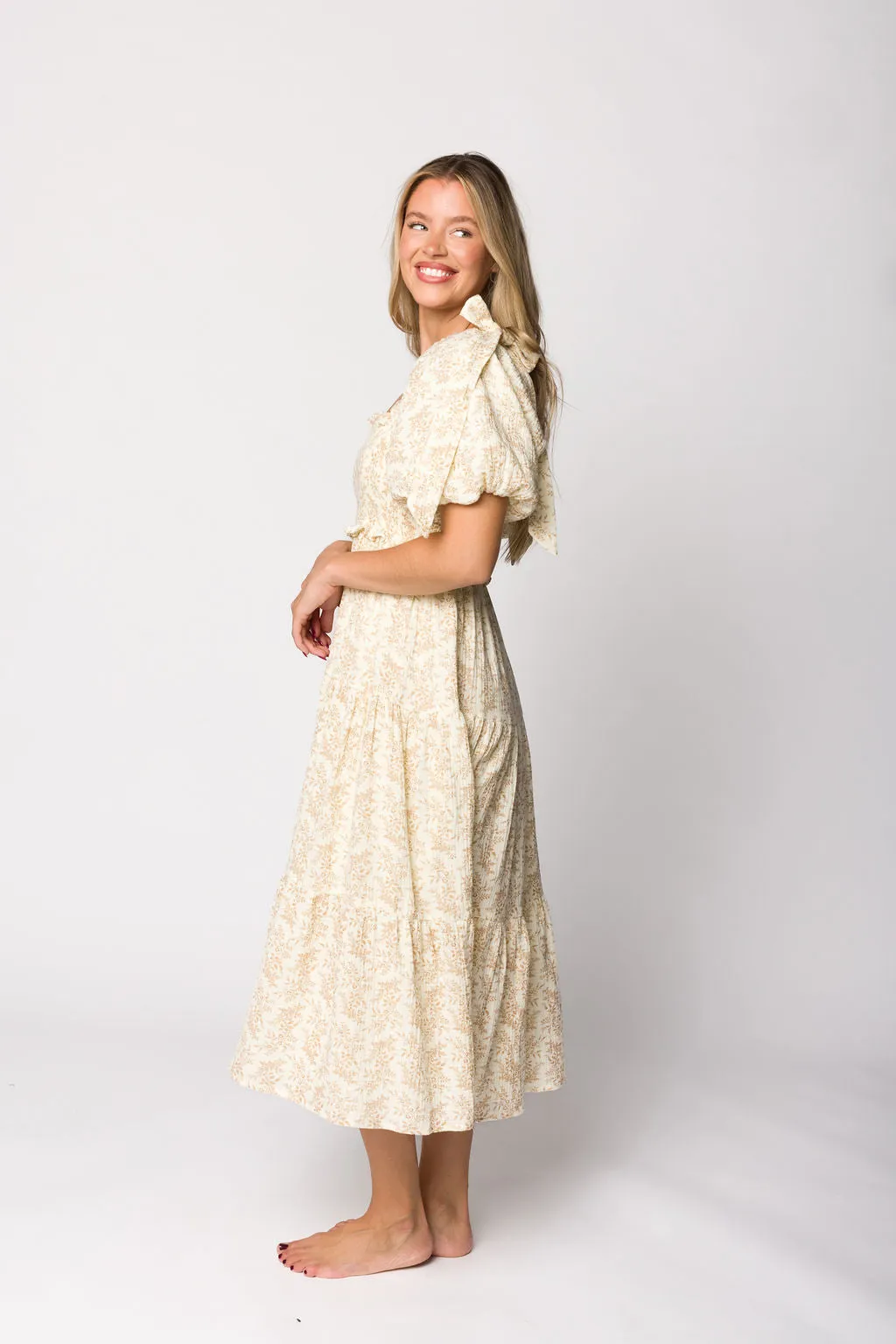 Elena 100% Cotton Toile Print Smocked Midi Dress in Light Brown- Bump Friendly