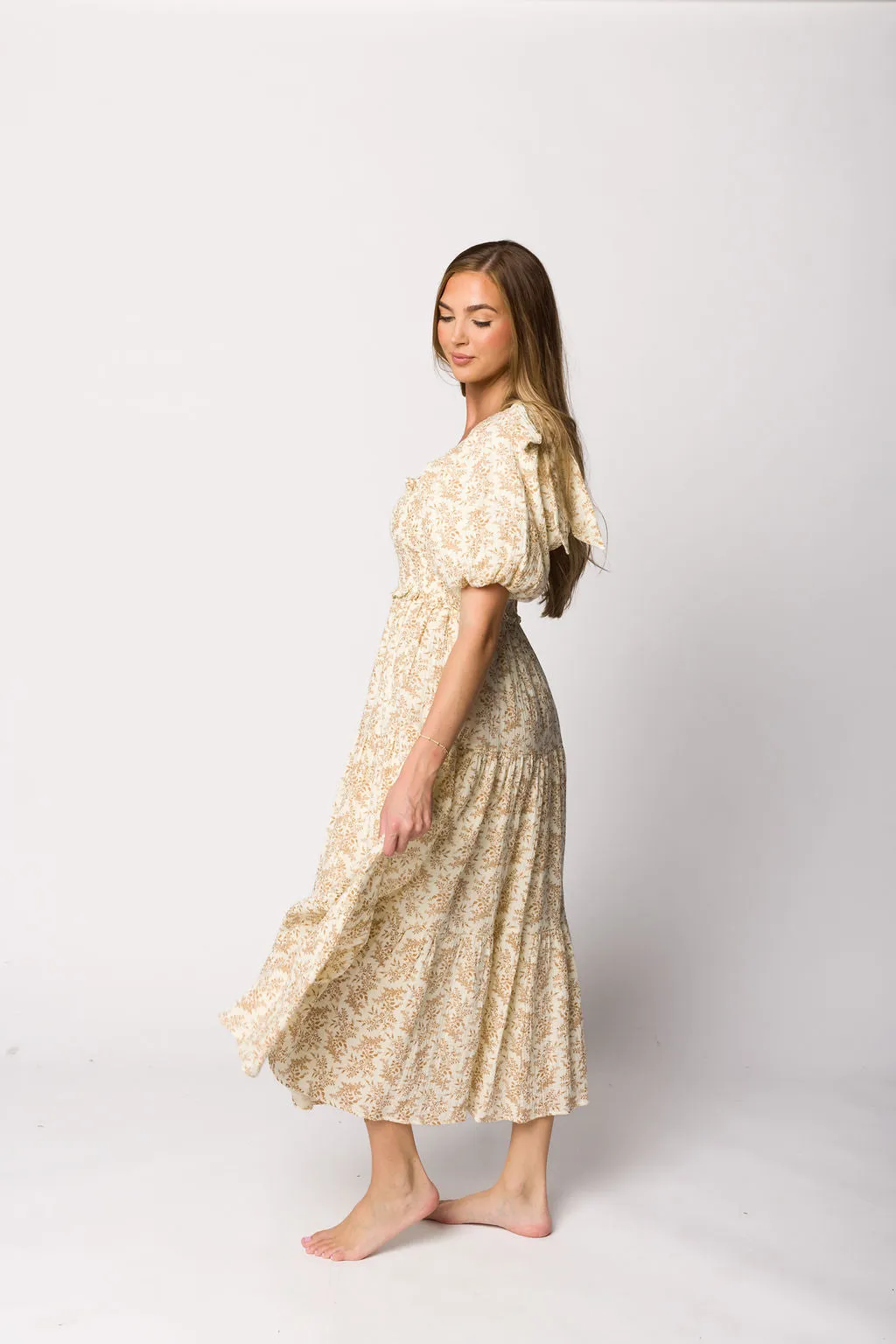 Elena 100% Cotton Toile Print Smocked Midi Dress in Light Brown- Bump Friendly