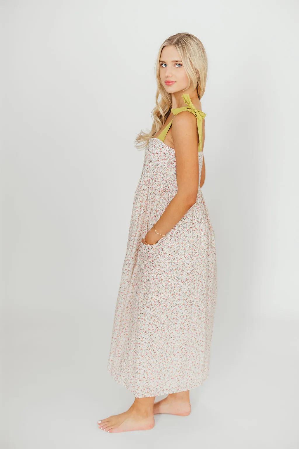Everest Bow Tie Strap Button Down Midi Dress in Floral Multi - Nursing Friendly