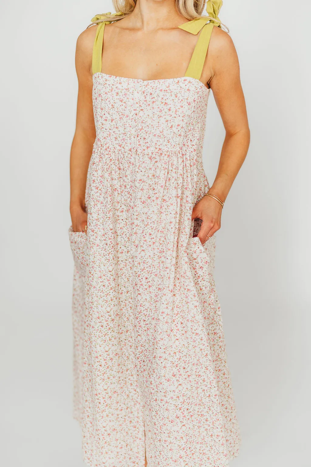 Everest Bow Tie Strap Button Down Midi Dress in Floral Multi - Nursing Friendly