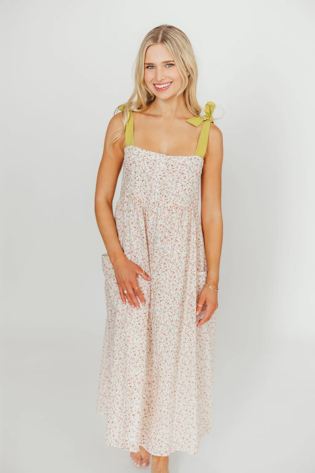 Everest Bow Tie Strap Button Down Midi Dress in Floral Multi - Nursing Friendly