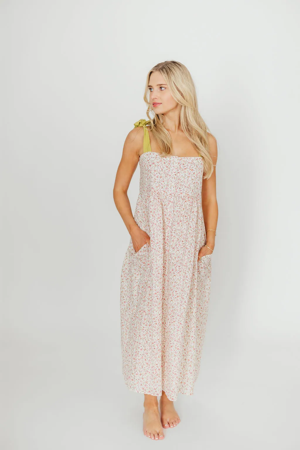 Everest Bow Tie Strap Button Down Midi Dress in Floral Multi - Nursing Friendly