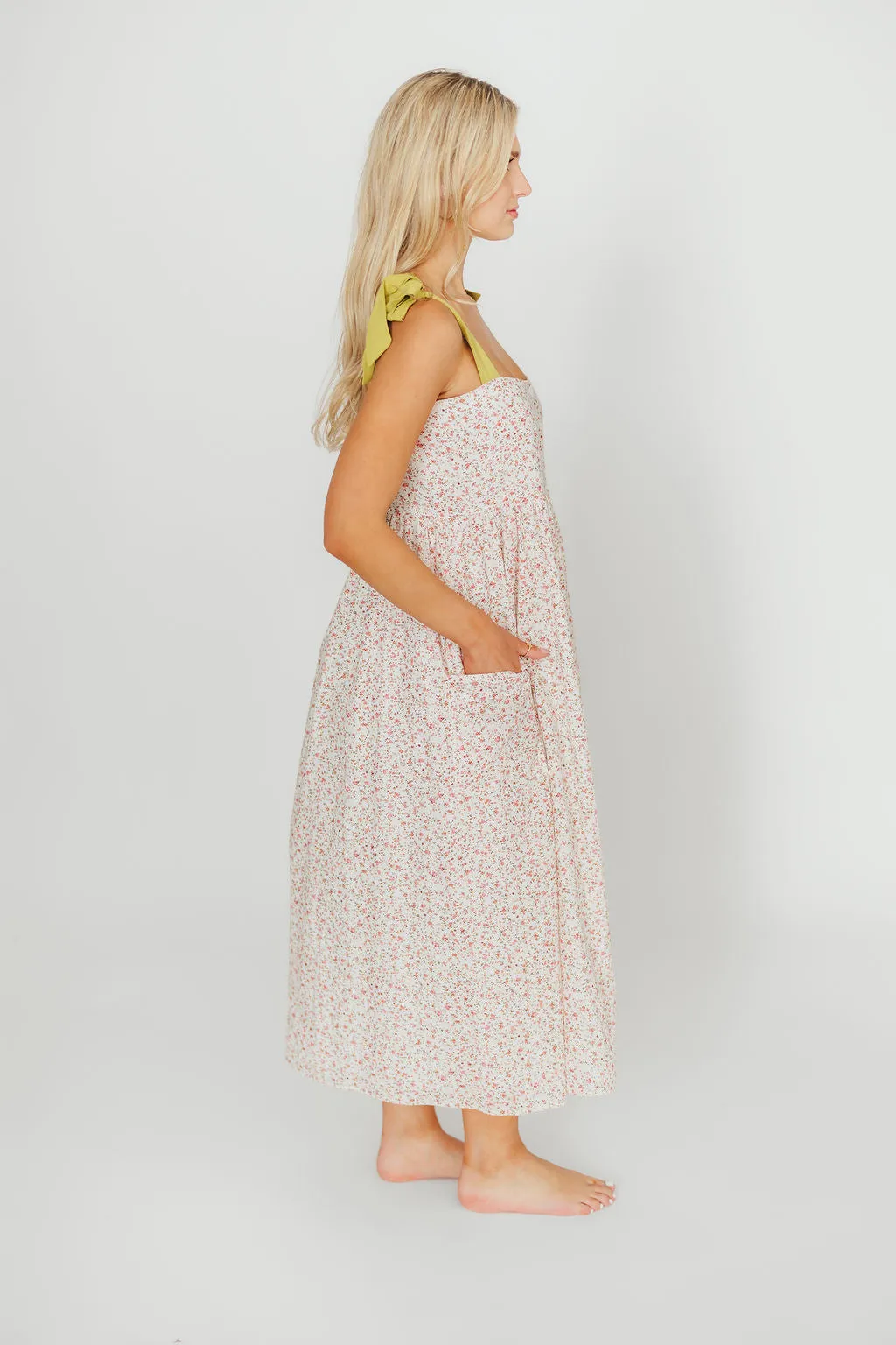 Everest Bow Tie Strap Button Down Midi Dress in Floral Multi - Nursing Friendly