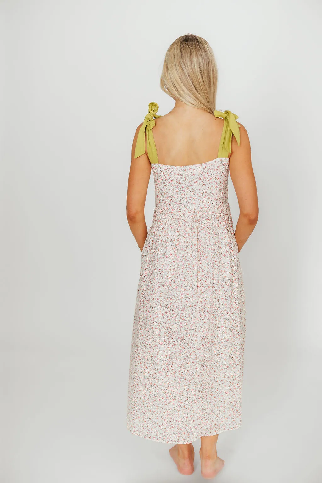 Everest Bow Tie Strap Button Down Midi Dress in Floral Multi - Nursing Friendly