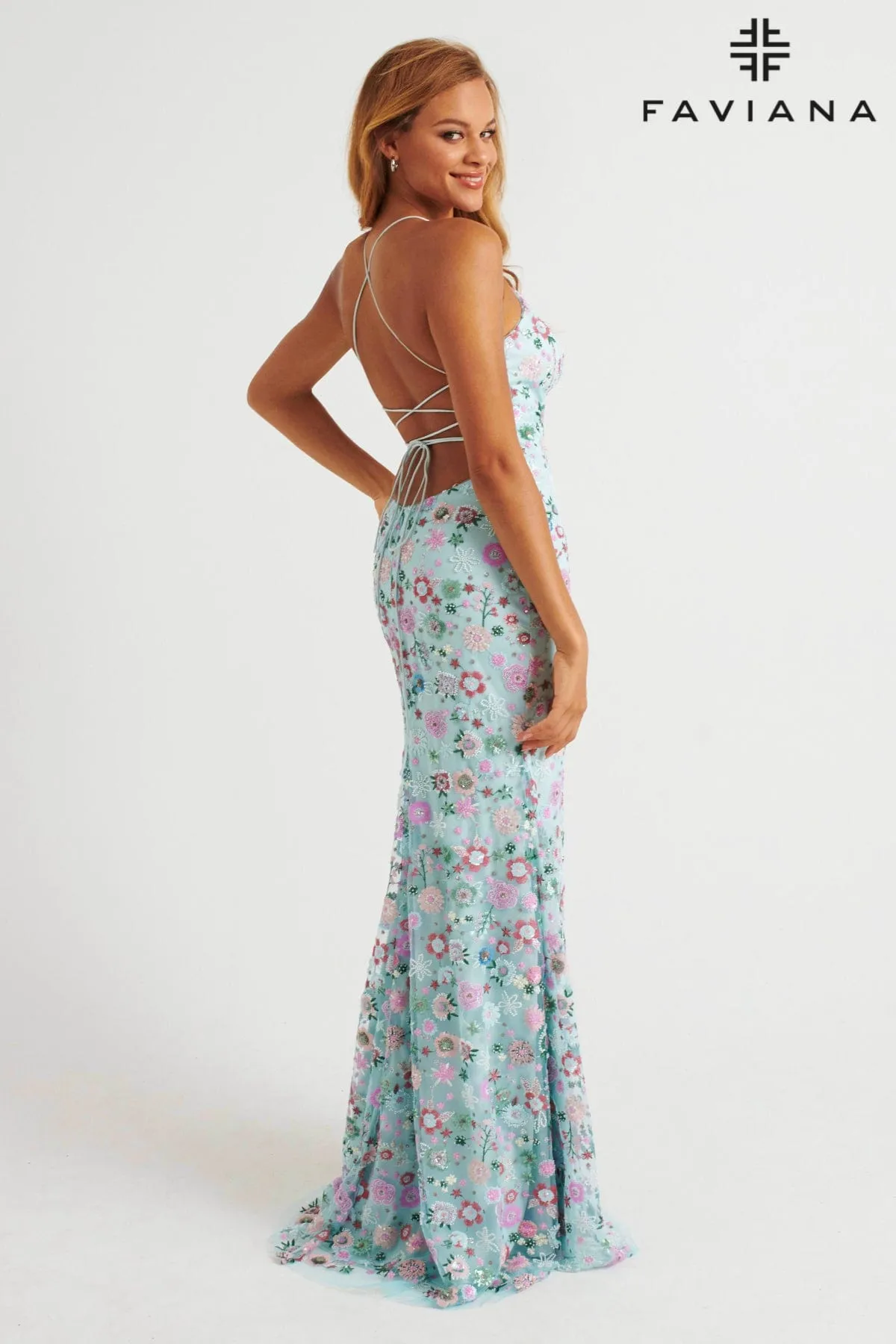 Faviana 11263 Long Floral Beaded Formal Prom Dress