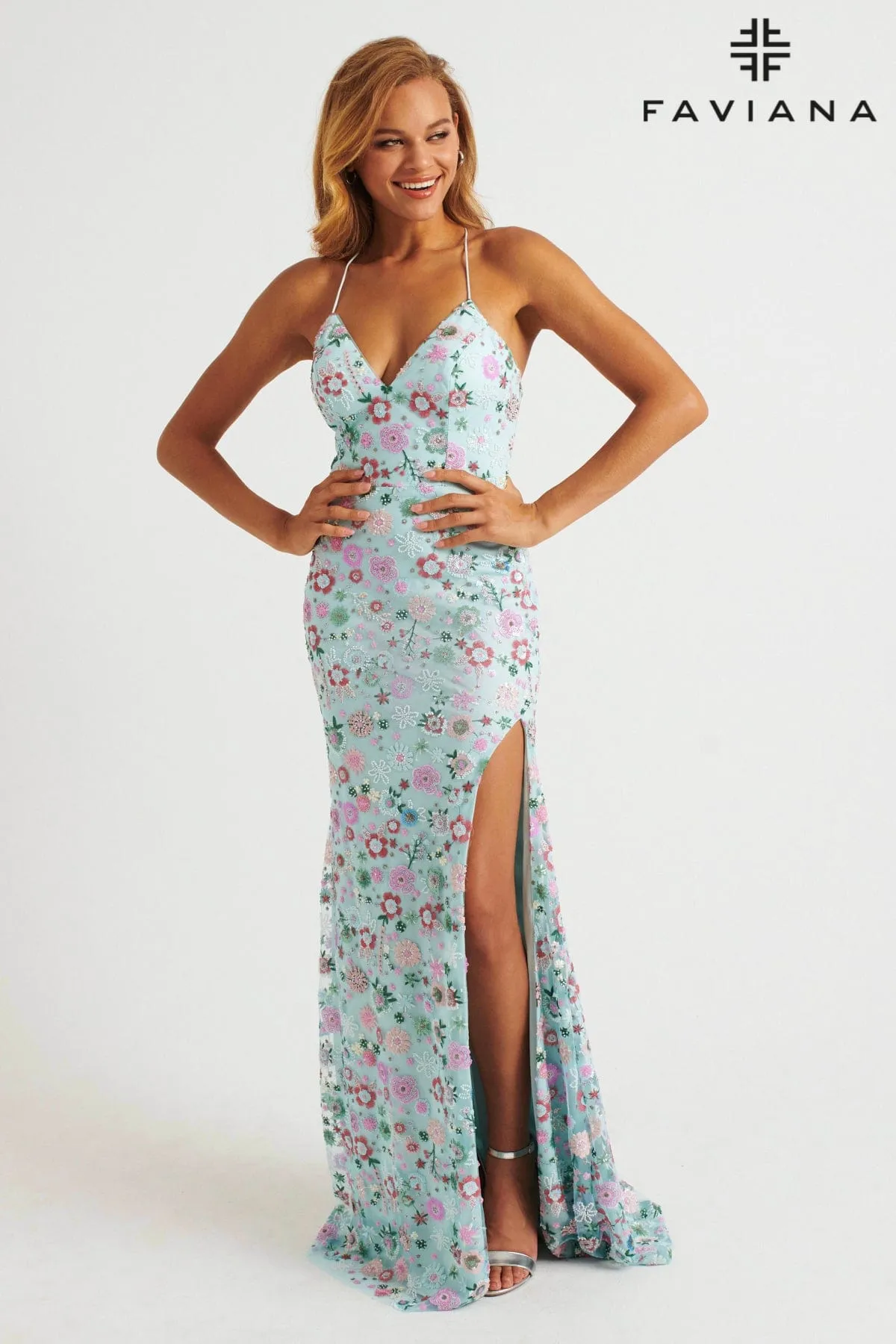 Faviana 11263 Long Floral Beaded Formal Prom Dress