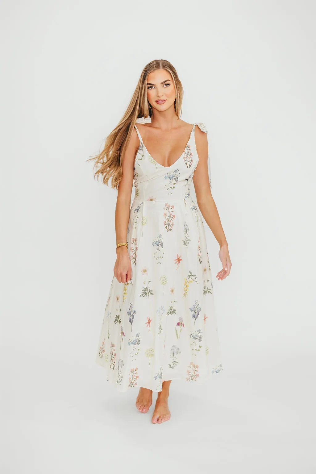Fawna Floral Midi Dress in Cream