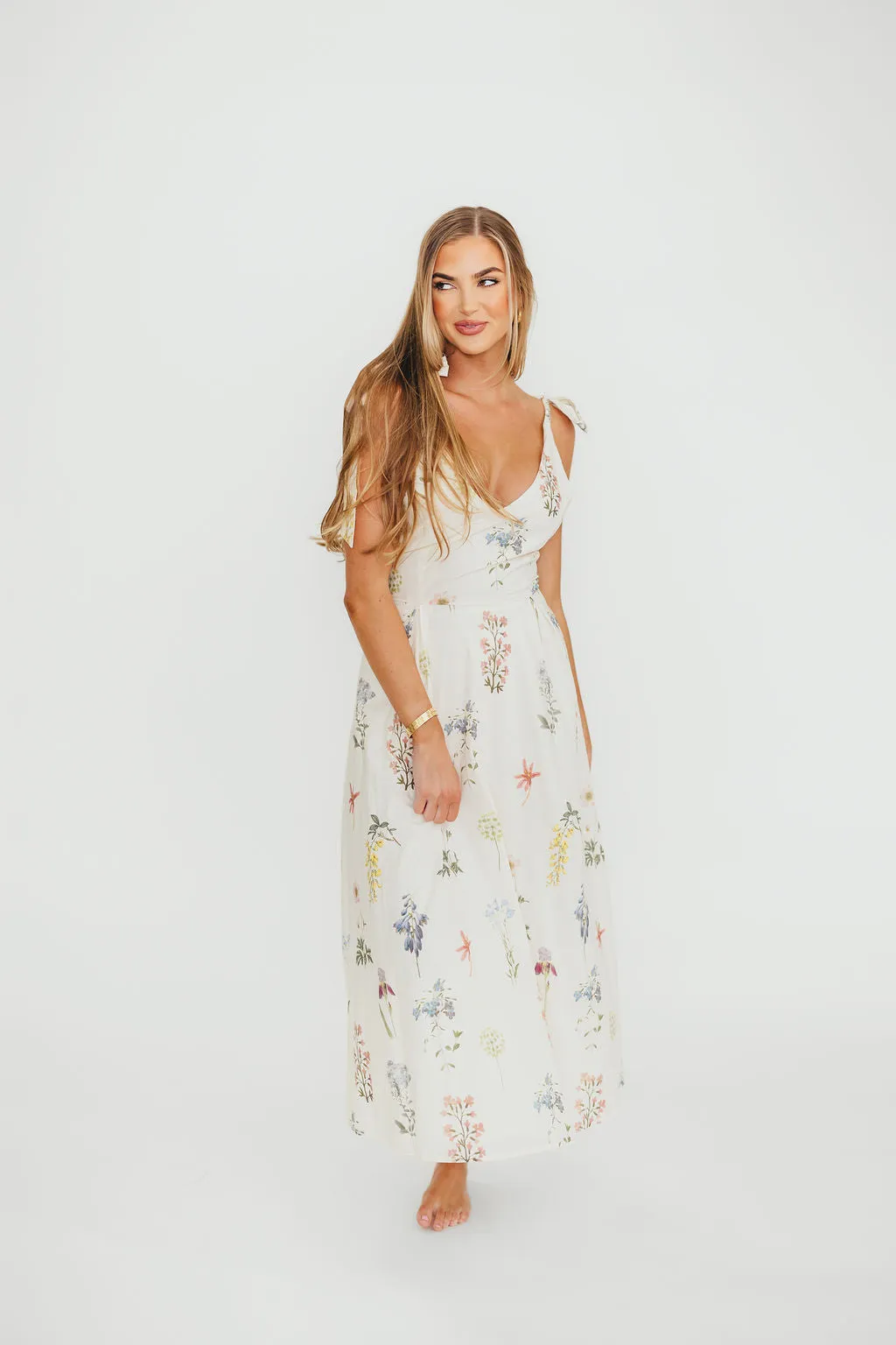 Fawna Floral Midi Dress in Cream