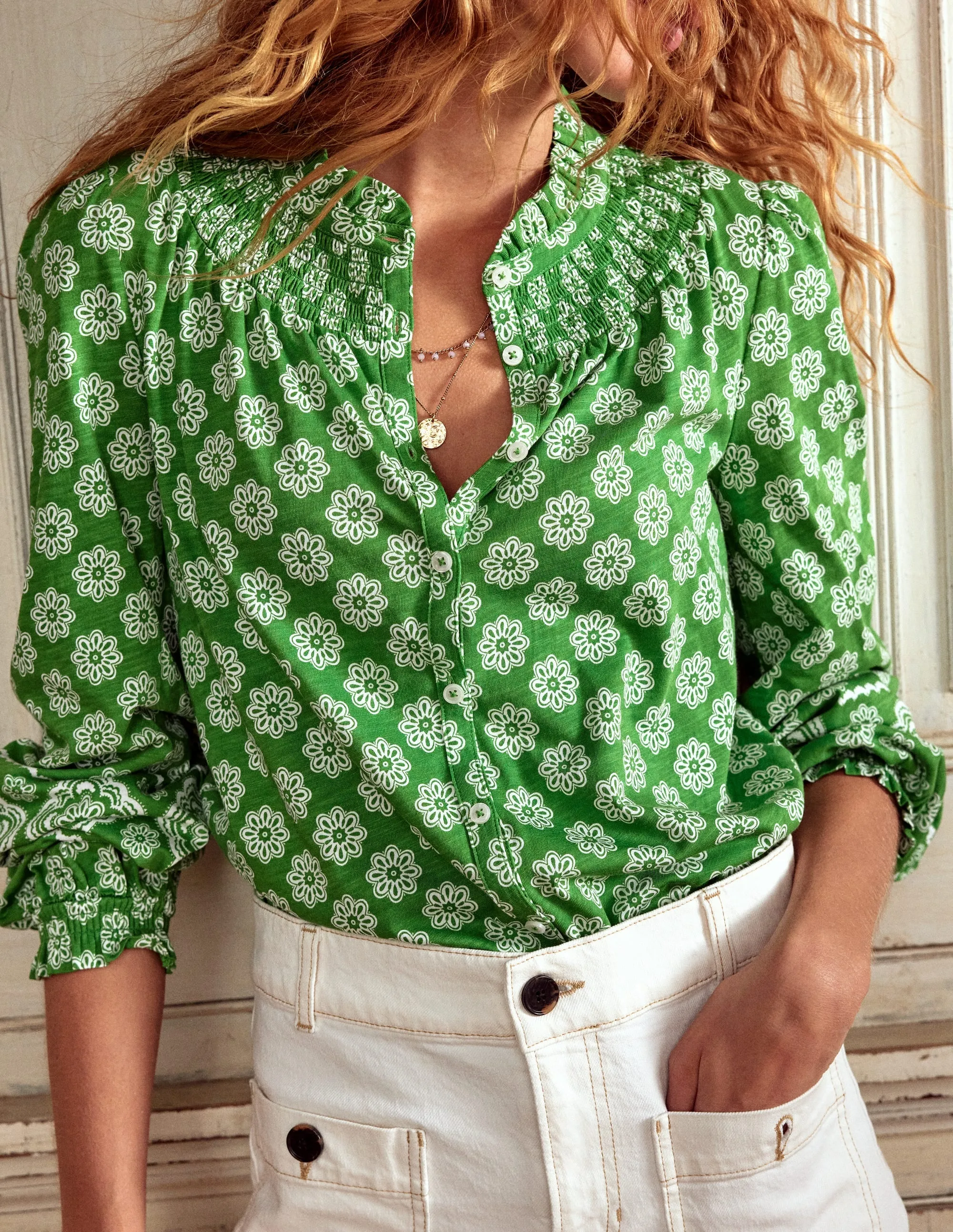 Fay Smocked Jersey Shirt-Paradise Green. Botanic Blush
