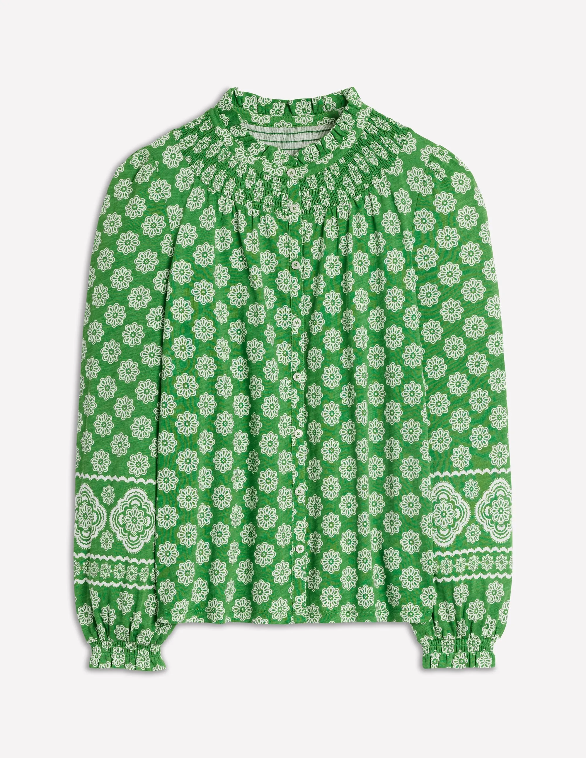 Fay Smocked Jersey Shirt-Paradise Green. Botanic Blush