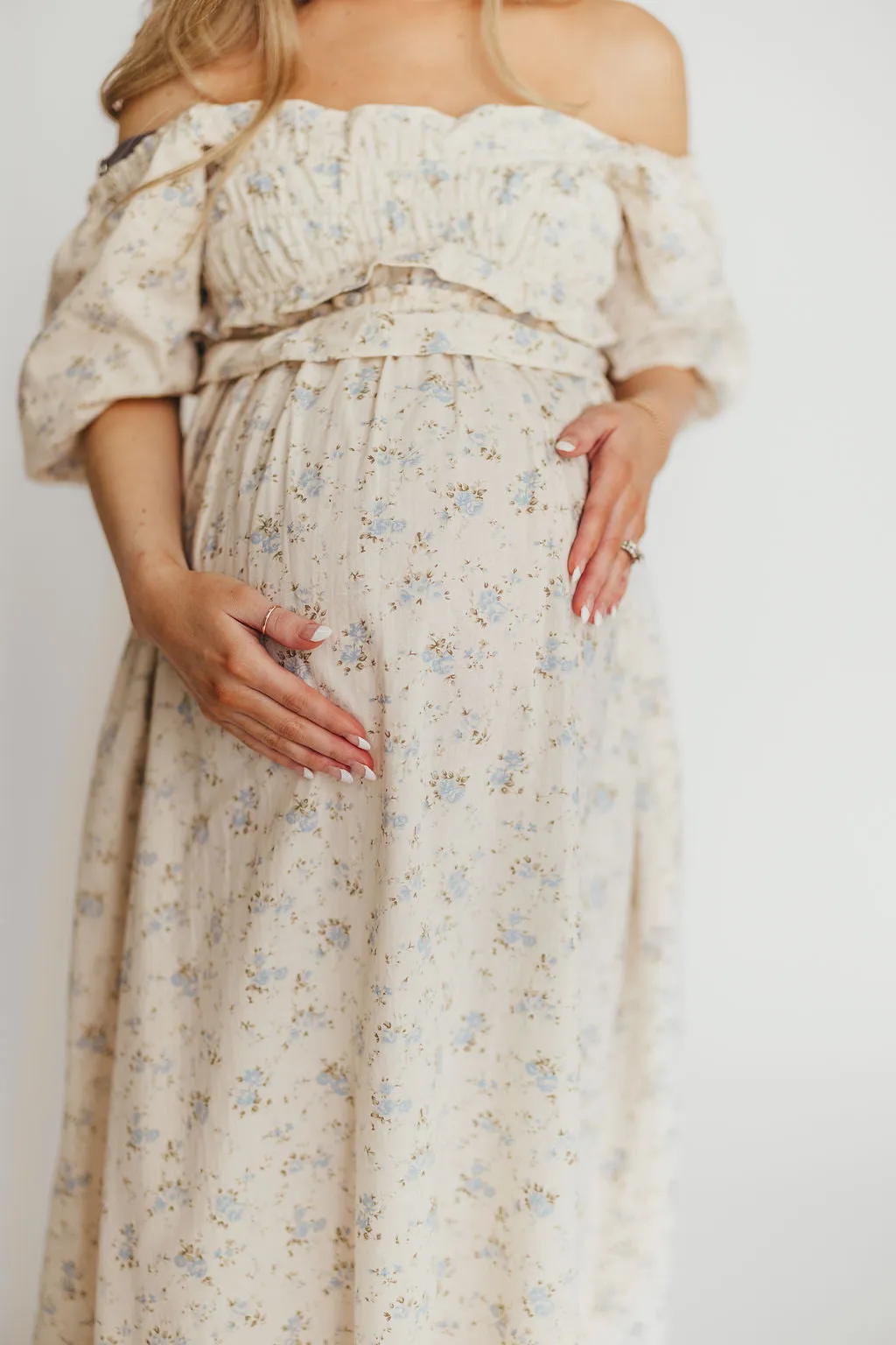 Finley 100% Cotton Peplum Midi Dress in Ivory/Blue - Bump & Nursing Friendly