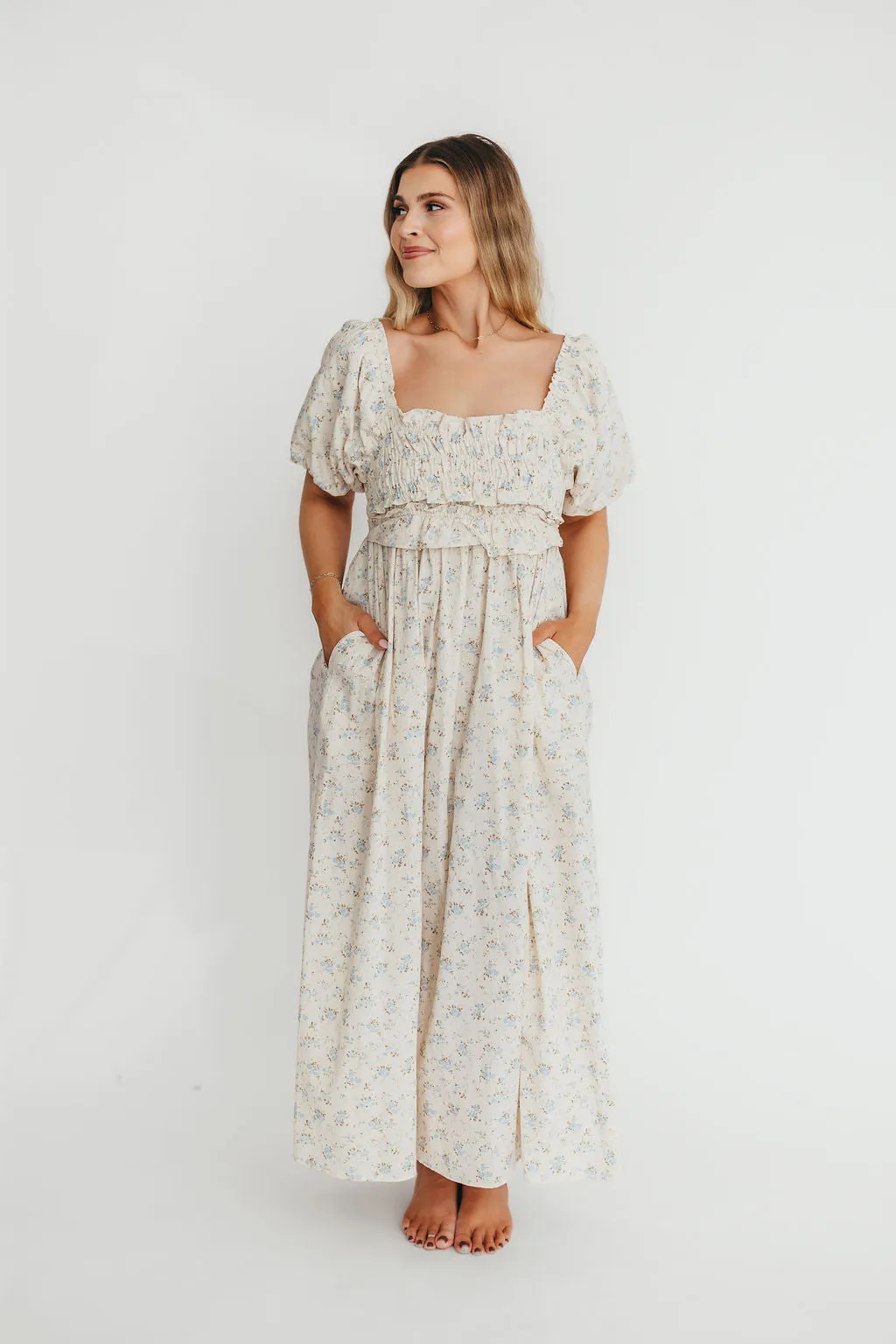 Finley 100% Cotton Peplum Midi Dress in Ivory/Blue - Bump & Nursing Friendly