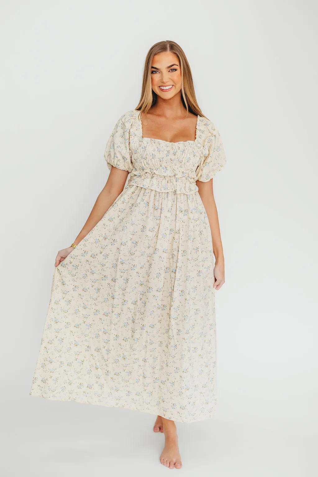 Finley 100% Cotton Peplum Midi Dress in Ivory/Blue - Bump & Nursing Friendly