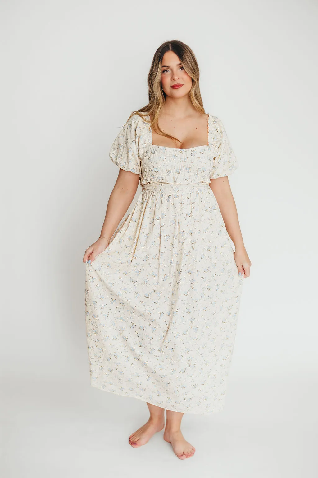 Finley 100% Cotton Peplum Midi Dress in Ivory/Blue - Bump & Nursing Friendly