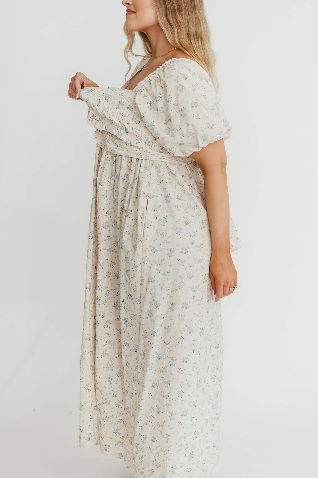 Finley 100% Cotton Peplum Midi Dress in Ivory/Blue - Bump & Nursing Friendly