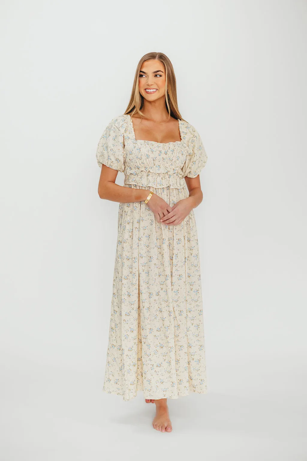 Finley 100% Cotton Peplum Midi Dress in Ivory/Blue - Bump & Nursing Friendly