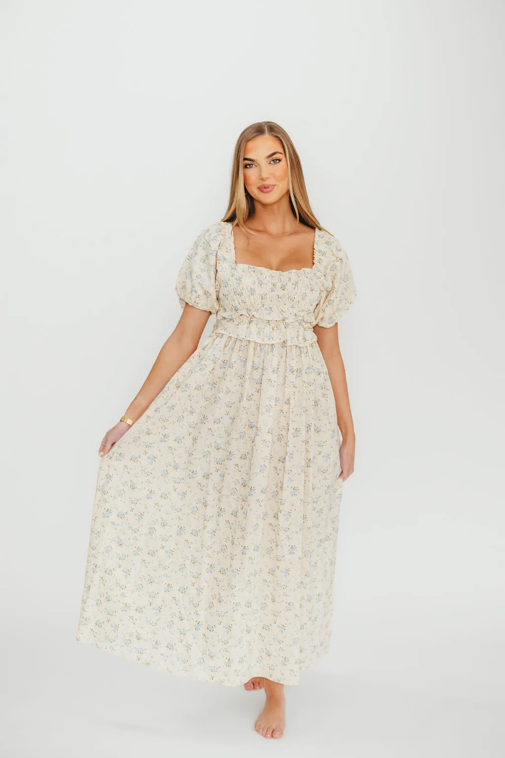 Finley 100% Cotton Peplum Midi Dress in Ivory/Blue - Bump & Nursing Friendly