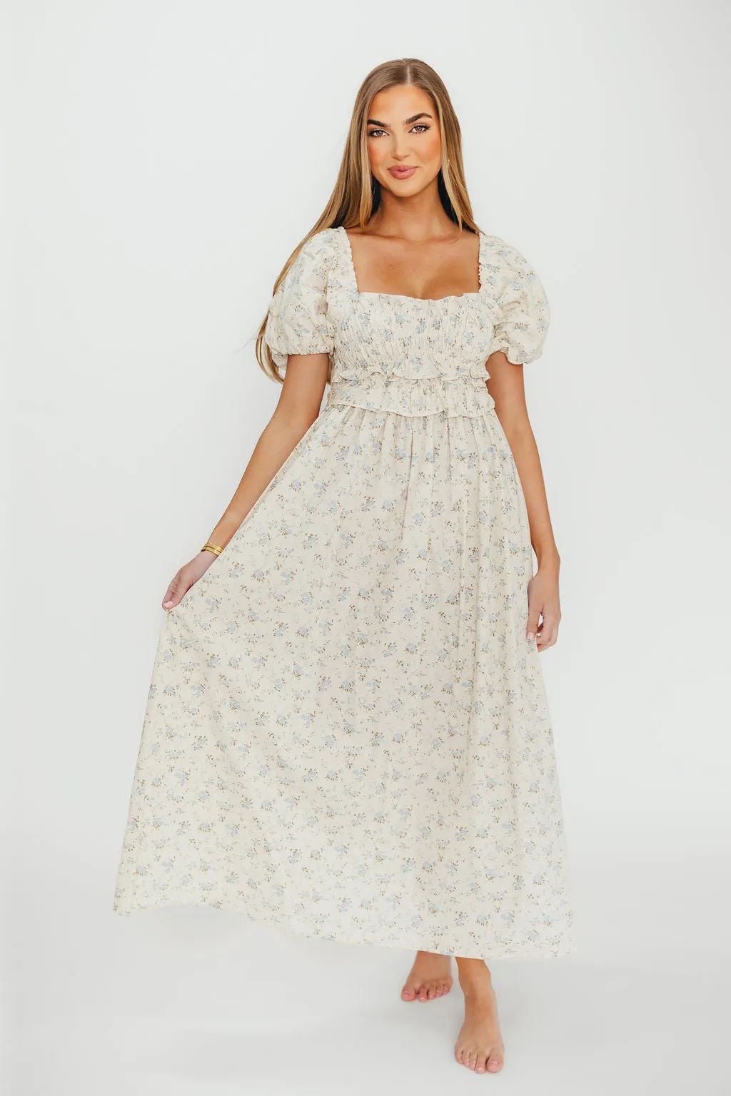 Finley 100% Cotton Peplum Midi Dress in Ivory/Blue - Bump & Nursing Friendly