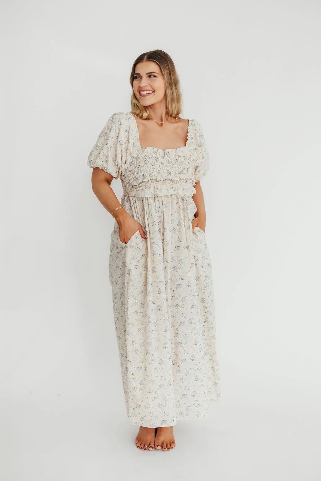 Finley 100% Cotton Peplum Midi Dress in Ivory/Blue - Bump & Nursing Friendly