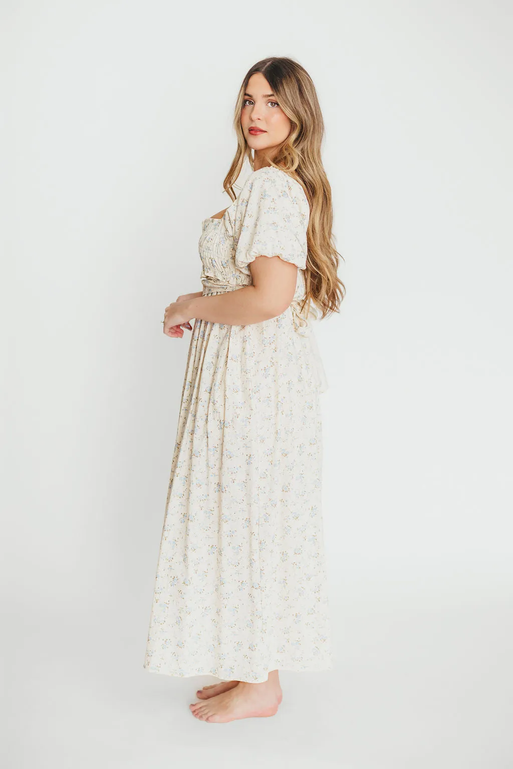 Finley 100% Cotton Peplum Midi Dress in Ivory/Blue - Bump & Nursing Friendly