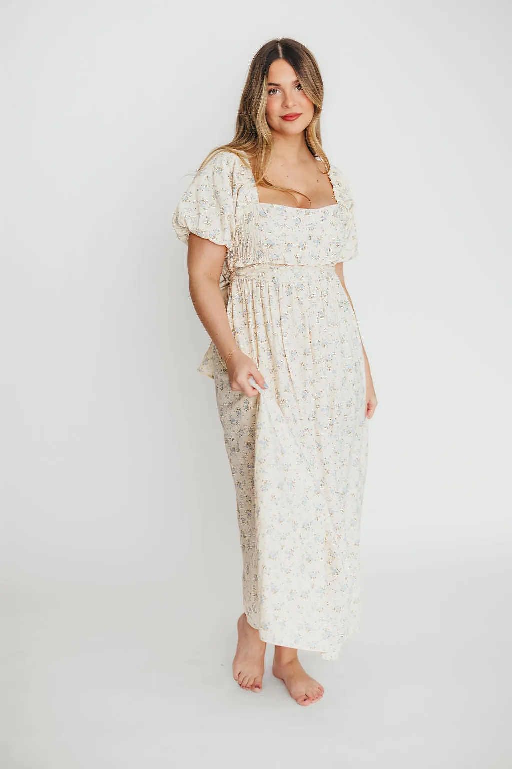 Finley 100% Cotton Peplum Midi Dress in Ivory/Blue - Bump & Nursing Friendly