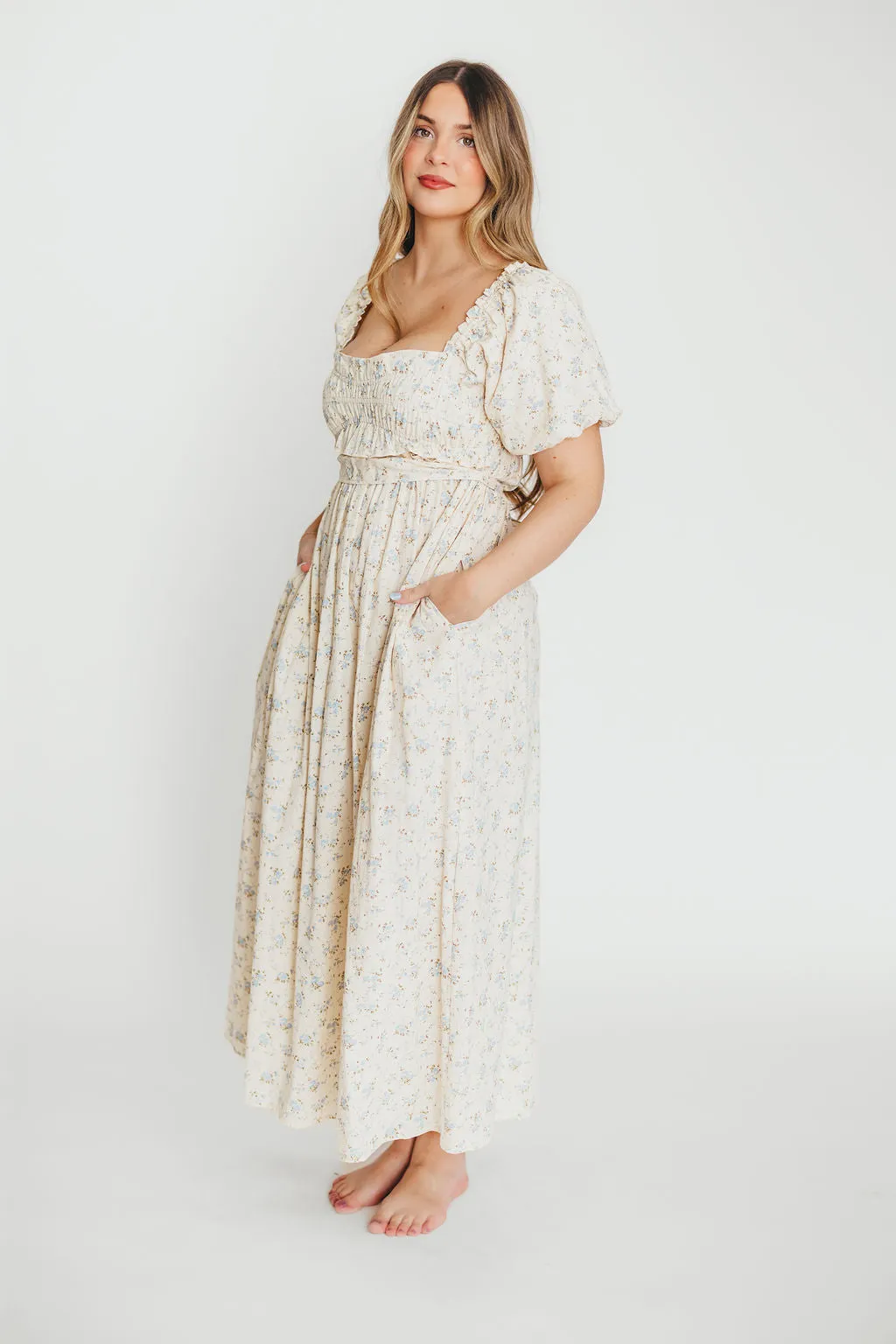 Finley 100% Cotton Peplum Midi Dress in Ivory/Blue - Bump & Nursing Friendly