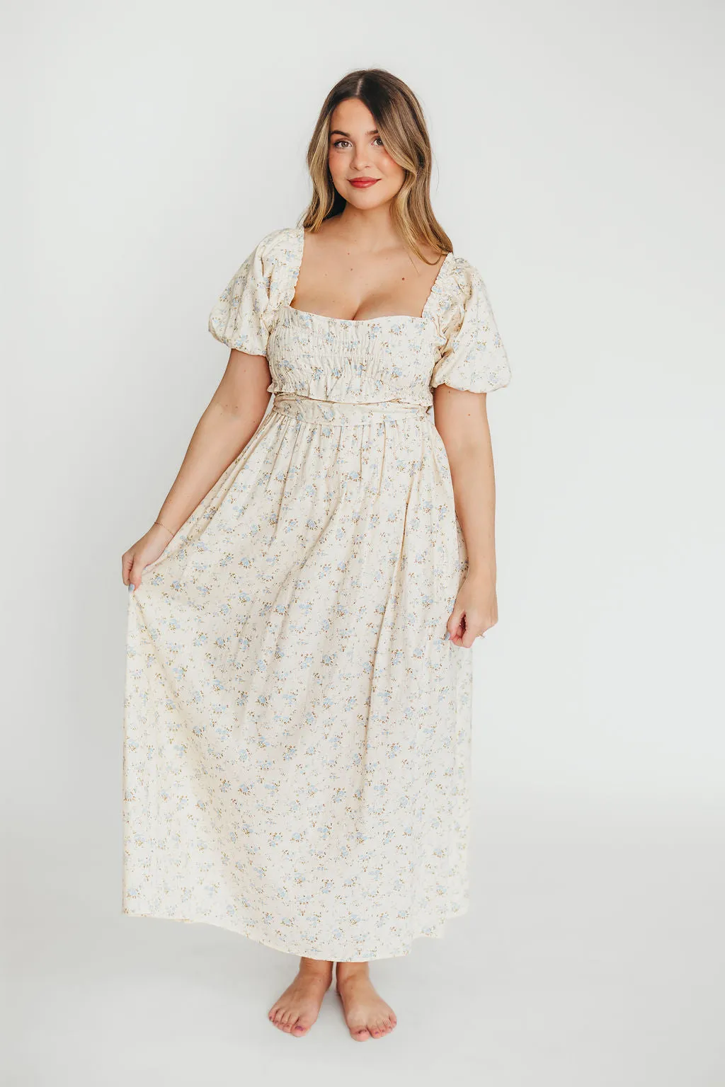 Finley 100% Cotton Peplum Midi Dress in Ivory/Blue - Bump & Nursing Friendly