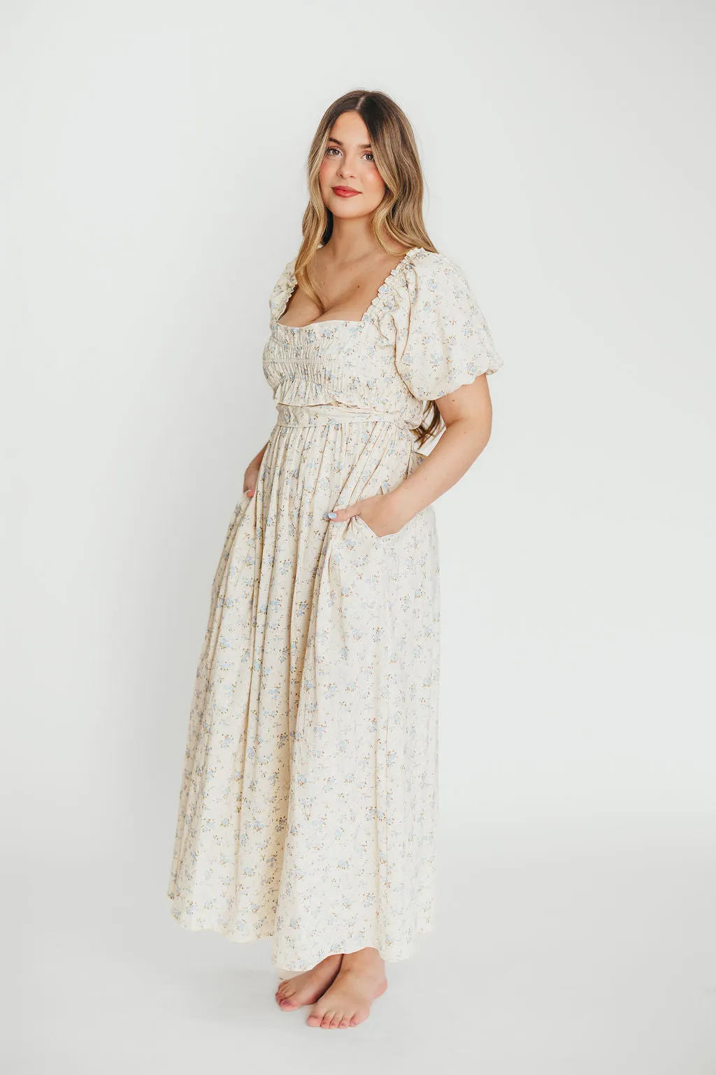 Finley 100% Cotton Peplum Midi Dress in Ivory/Blue - Bump & Nursing Friendly