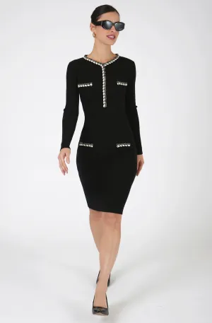 Fitted Ribbed Knit Dress with Contrasting Rope Trim