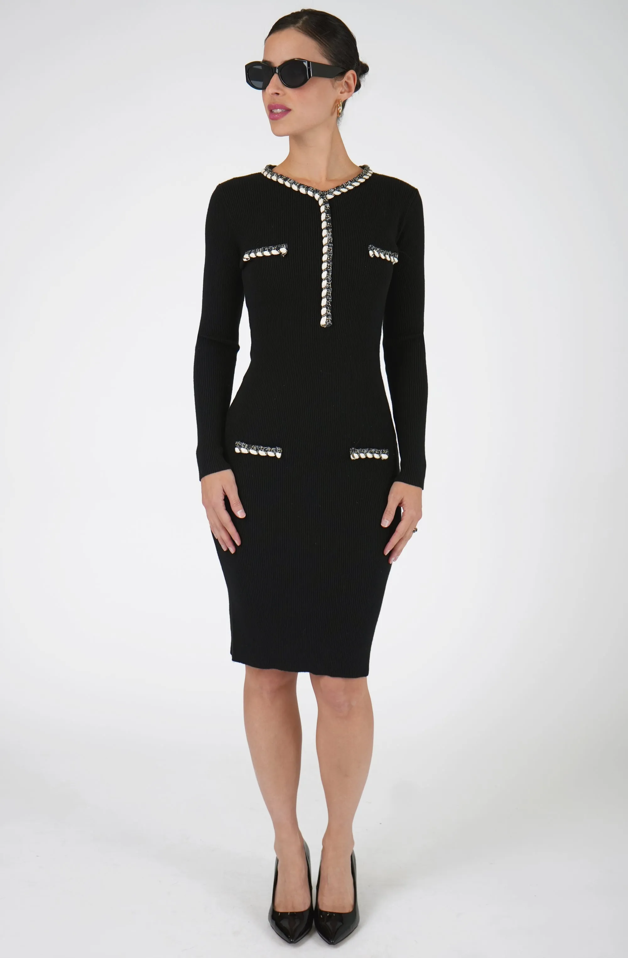 Fitted Ribbed Knit Dress with Contrasting Rope Trim