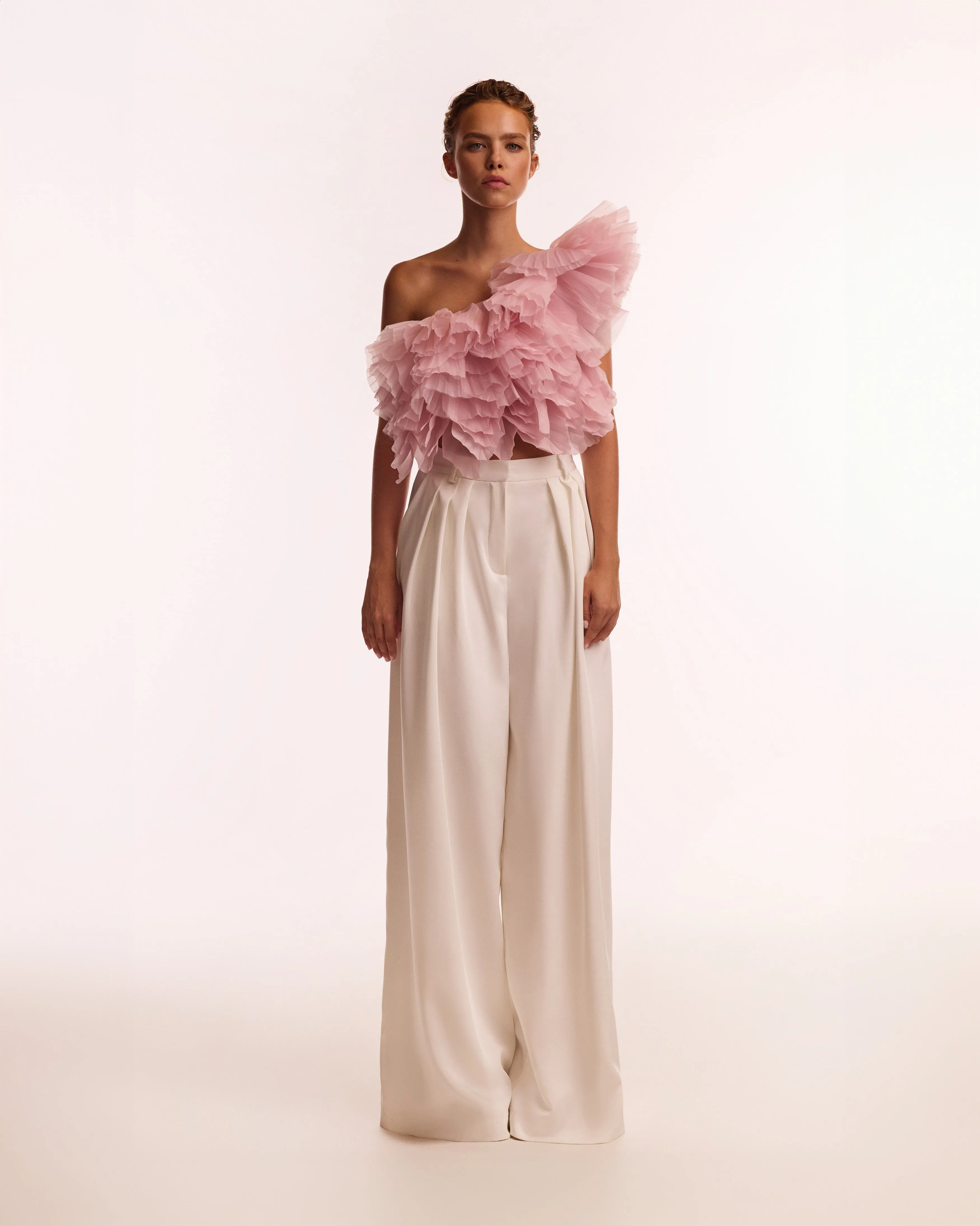Flirty ruffled one-shoulder organza pink top, Midnight Walk