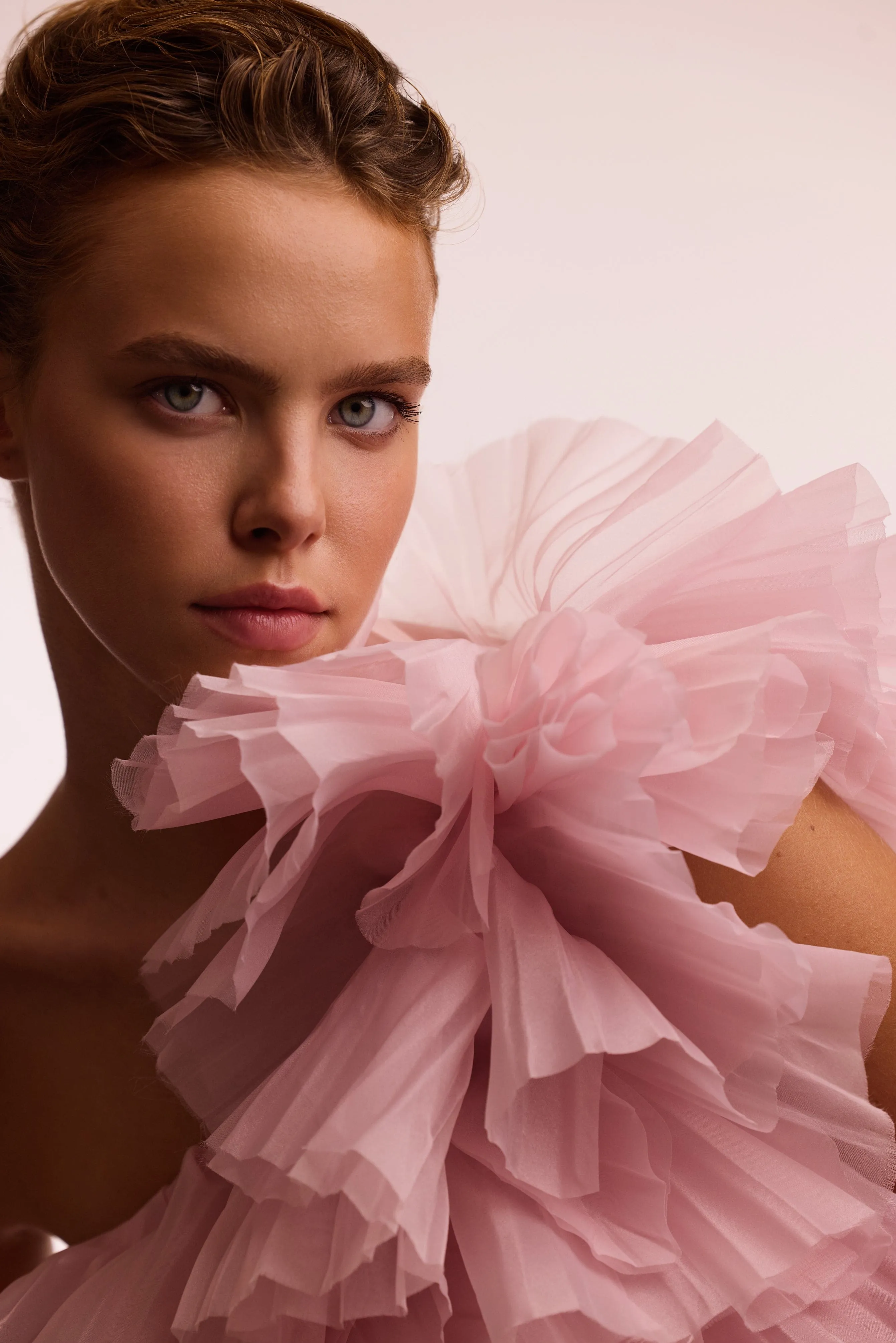 Flirty ruffled one-shoulder organza pink top, Midnight Walk