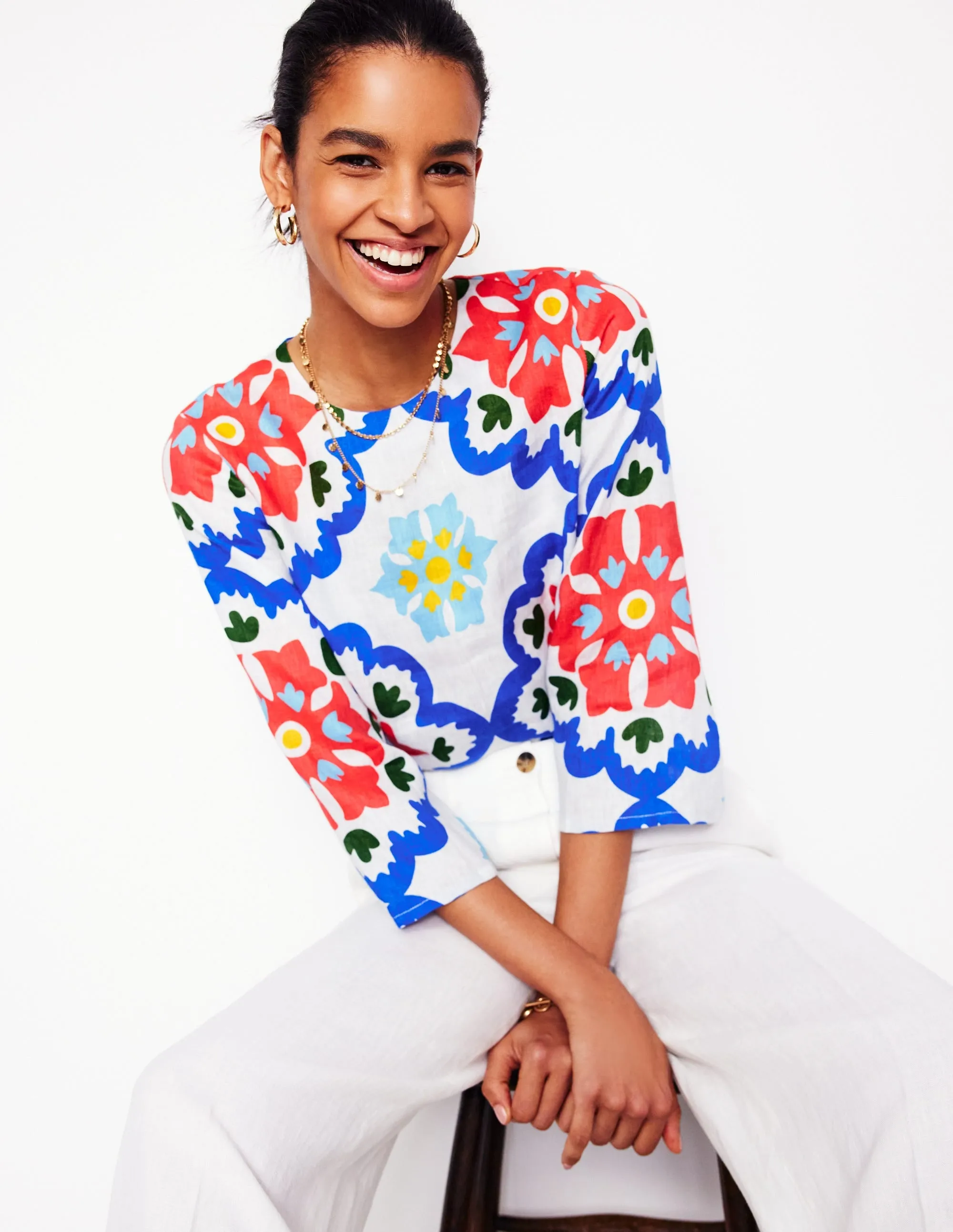 Fluted Sleeve Linen Top-Ivory. Bloom Geo
