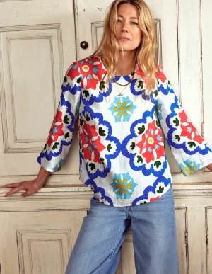 Fluted Sleeve Linen Top-Ivory. Bloom Geo