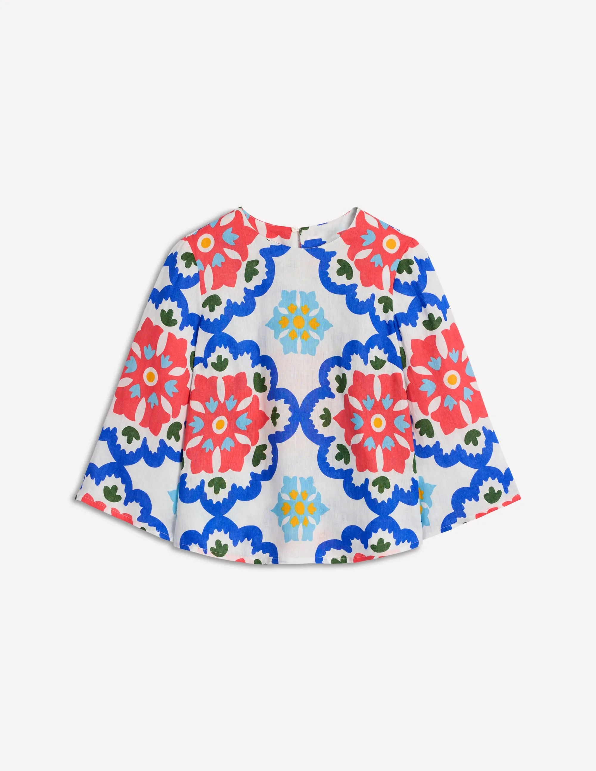 Fluted Sleeve Linen Top-Ivory. Bloom Geo