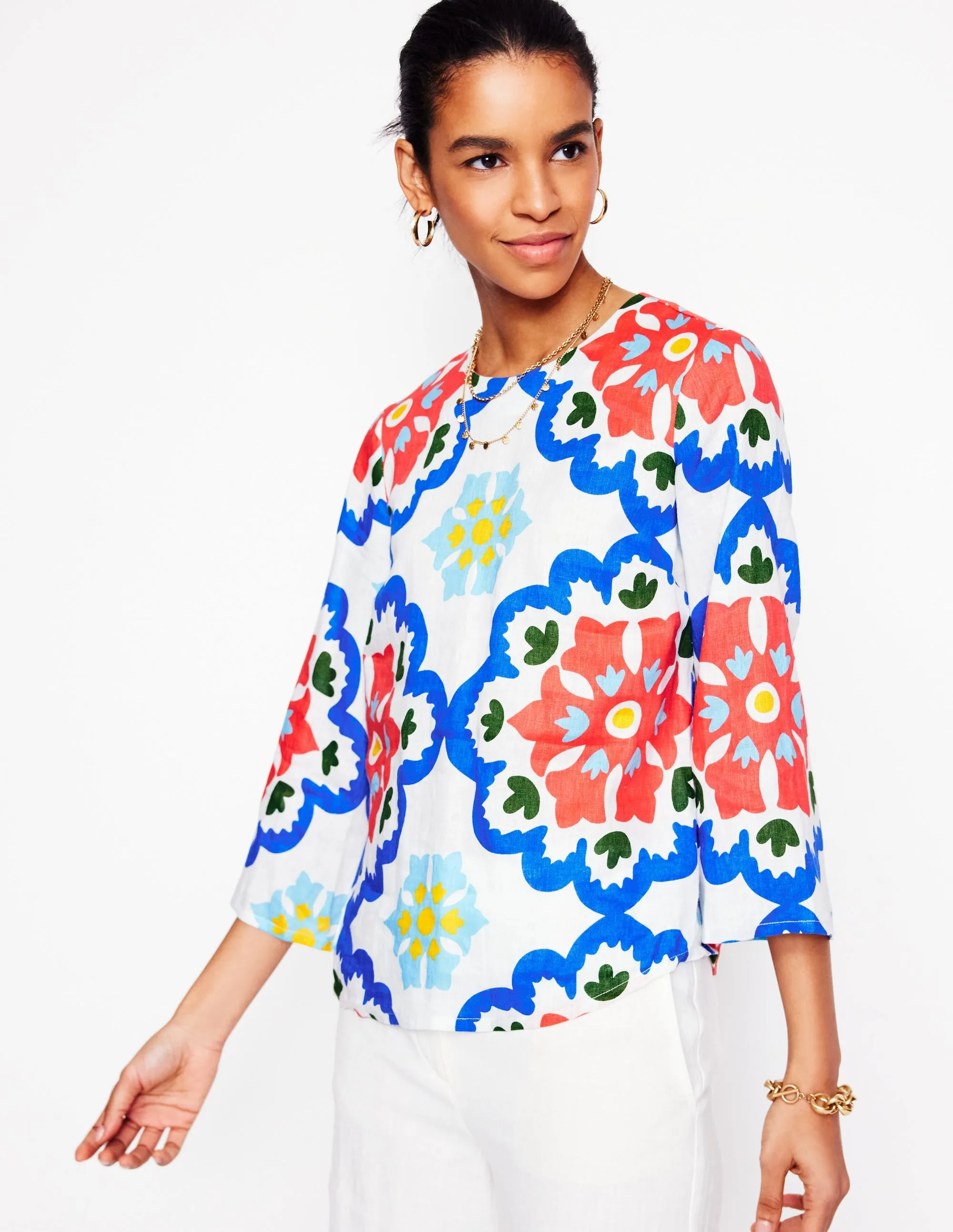 Fluted Sleeve Linen Top-Ivory. Bloom Geo