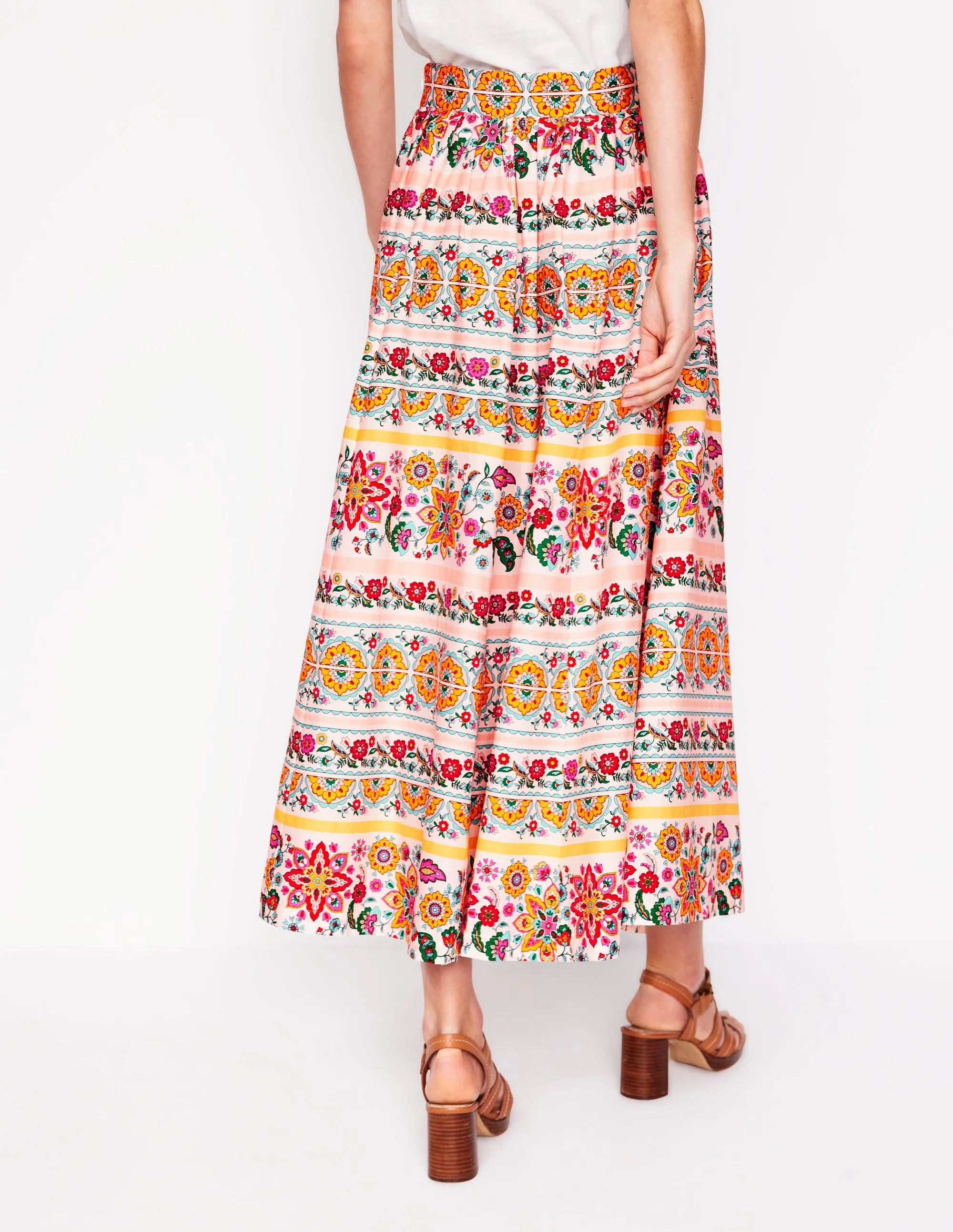 Full Poplin Maxi Skirt-Ivory. Botanical Sprig