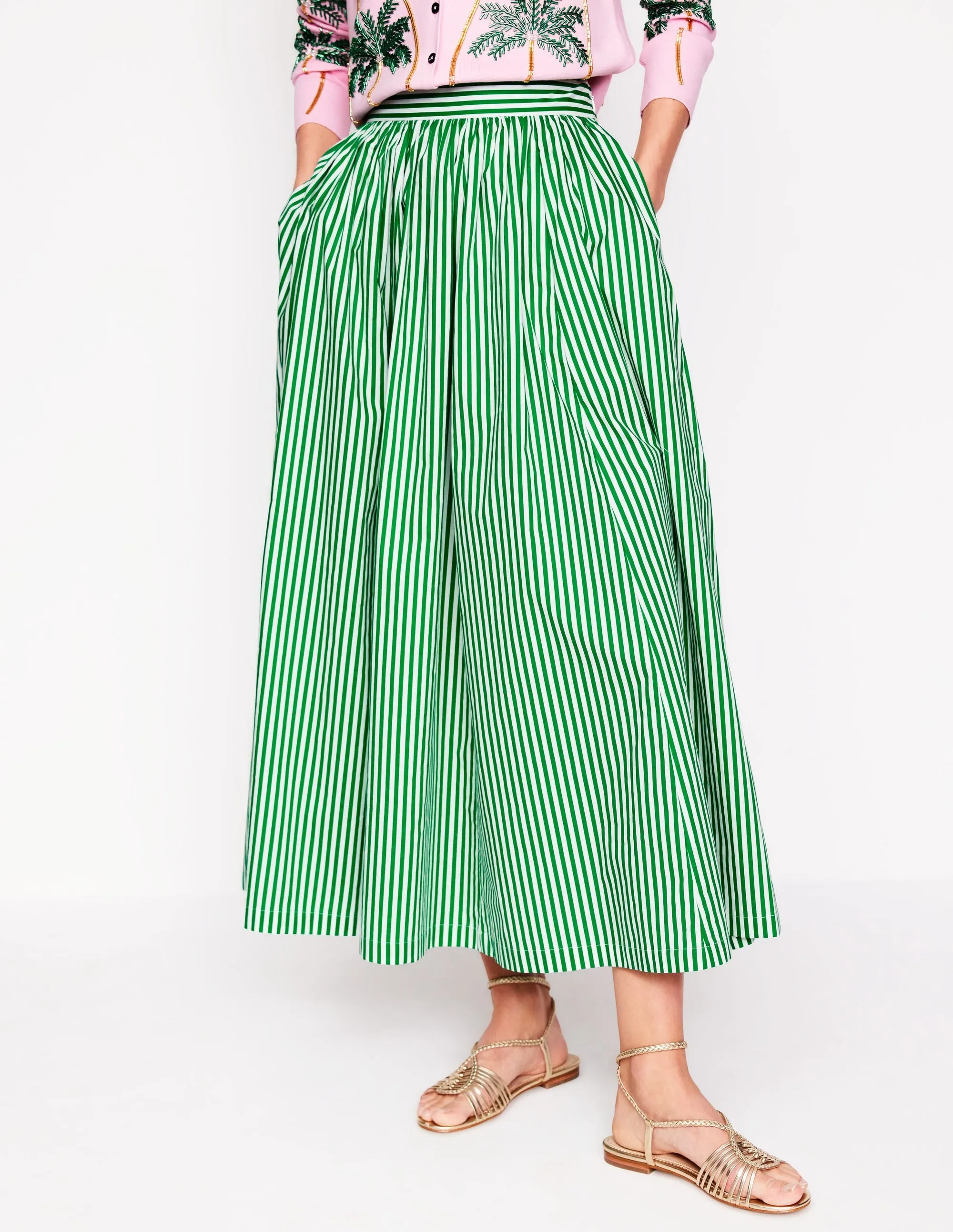Full Poplin Maxi Skirt-Rich Emerald. Fine Stripe