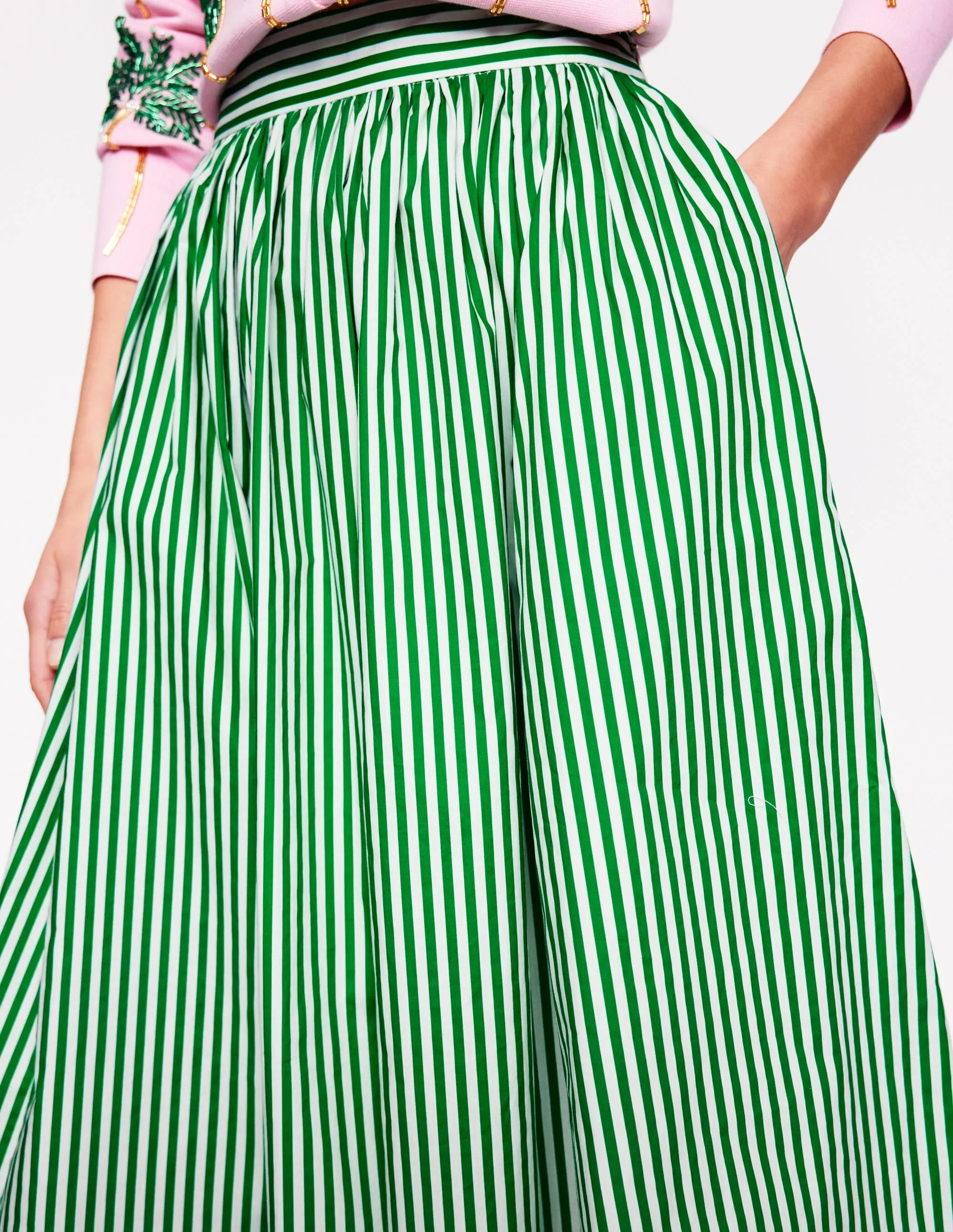 Full Poplin Maxi Skirt-Rich Emerald. Fine Stripe
