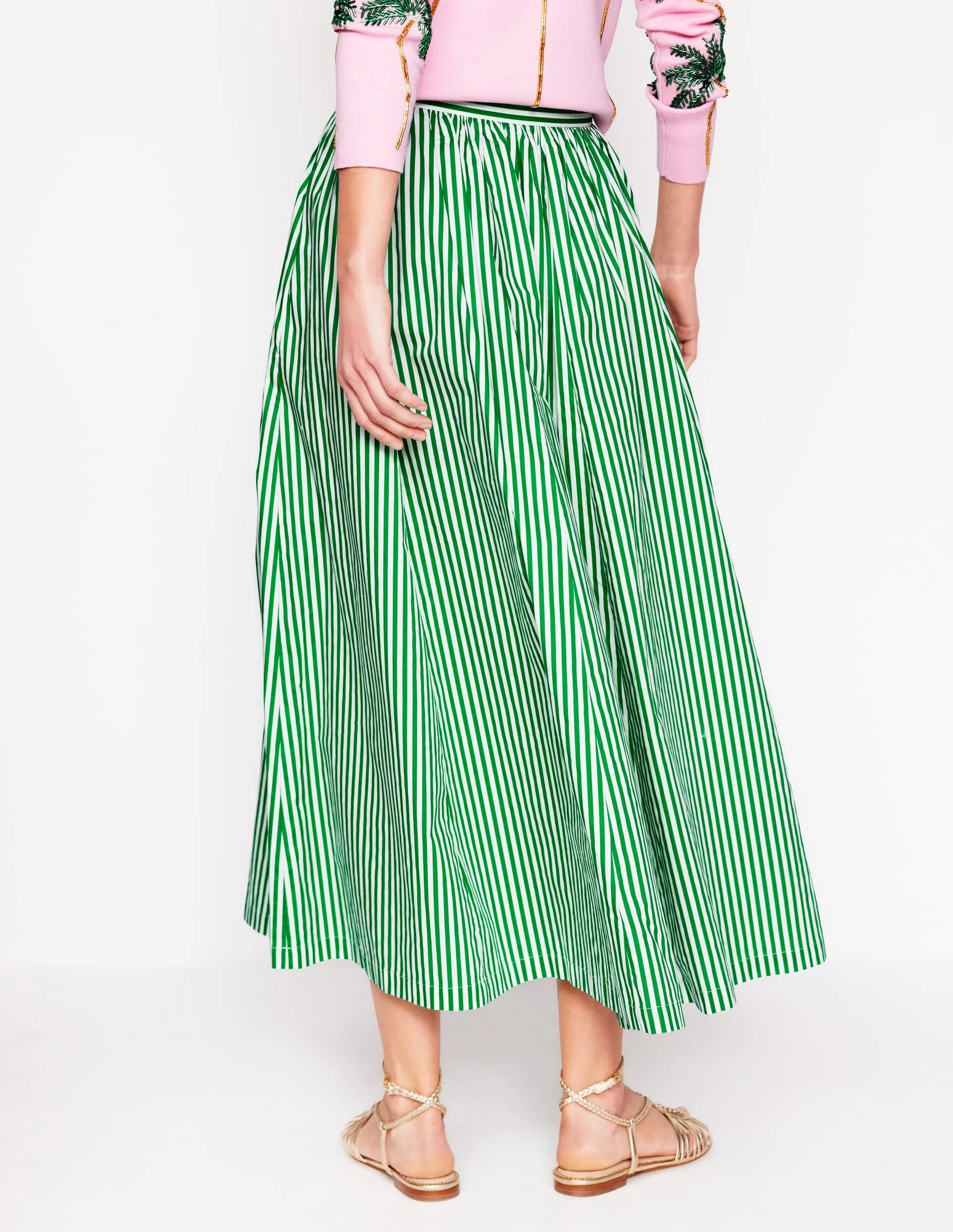 Full Poplin Maxi Skirt-Rich Emerald. Fine Stripe