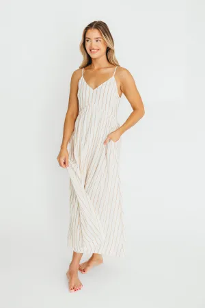 Genesis Stripe Midi Dress in White/Taupe