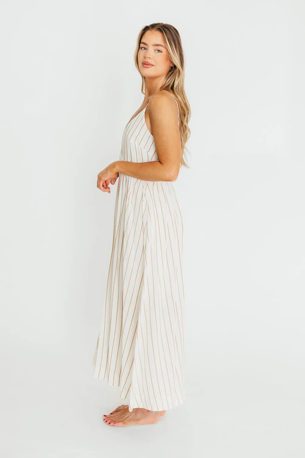 Genesis Stripe Midi Dress in White/Taupe